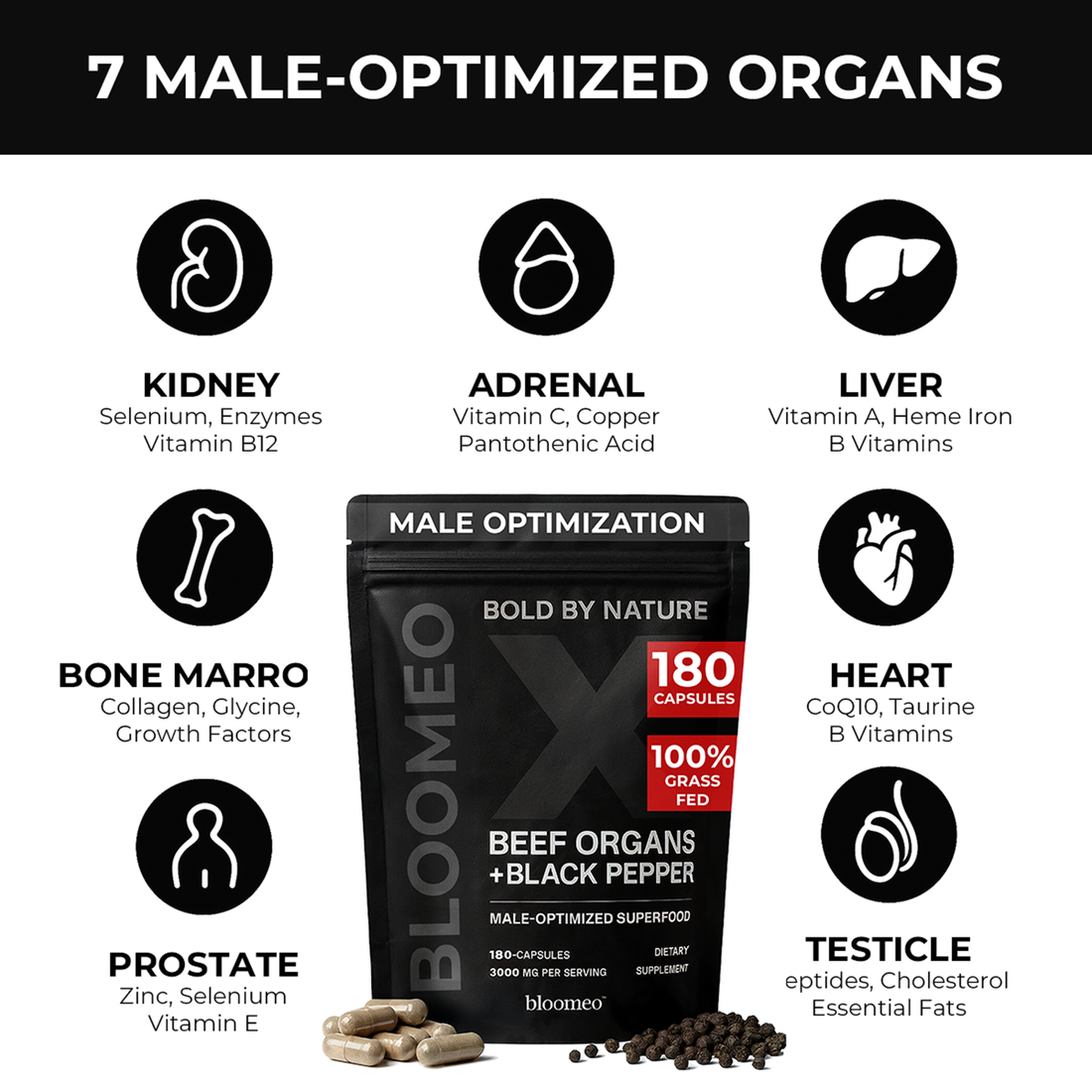 Bloomeo X – Beef Organ Supplement for Men – 100% Grass-Fed Beef Liver, Kidney, Heart, Testicle, Prostate & Bone – Primal Men’s Vitality Formula for Test, Energy, Immunity & Overall Health – 120 Capsules